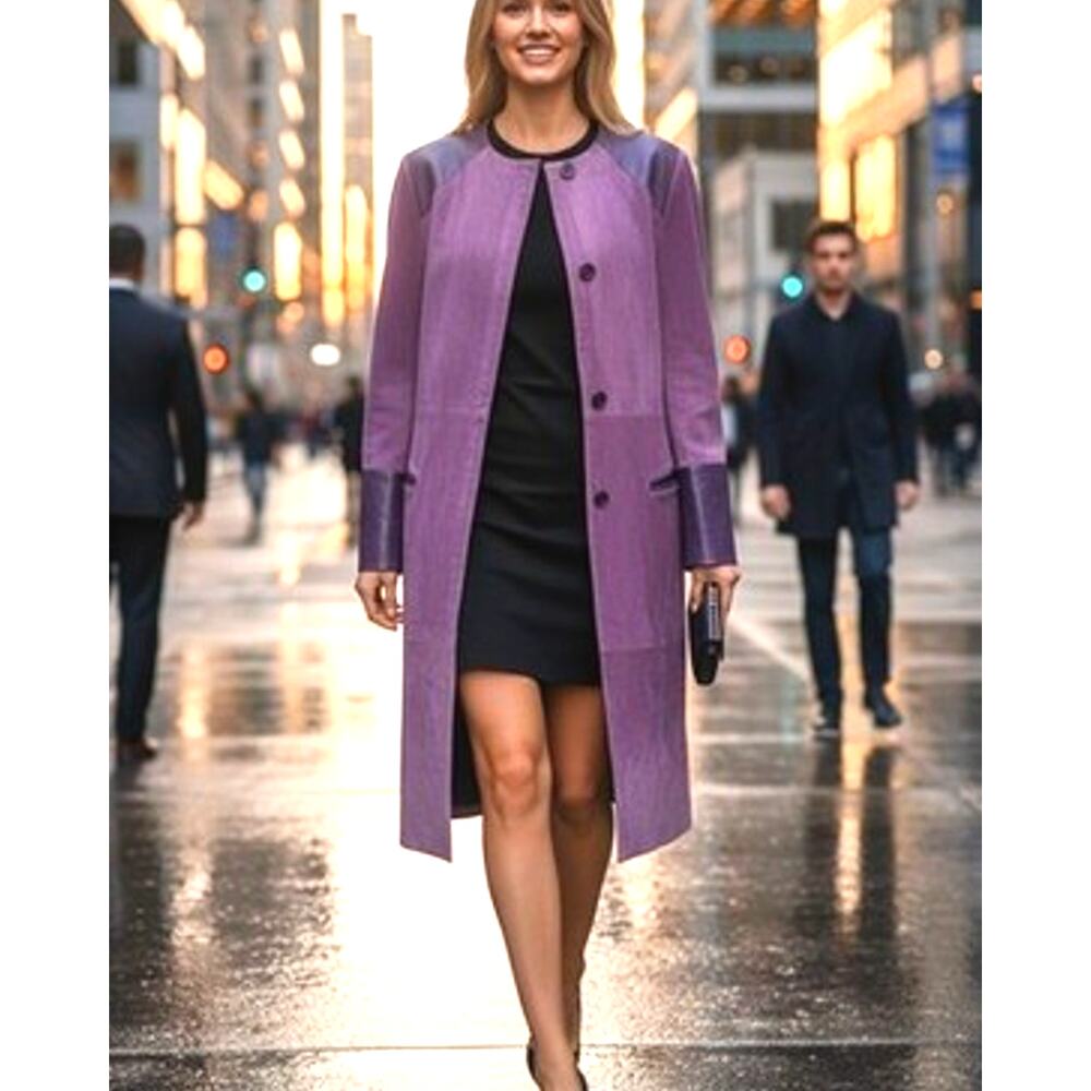90s VTG Purple Suede Trench Coat Leather Colorblock Longline Duster Statement S